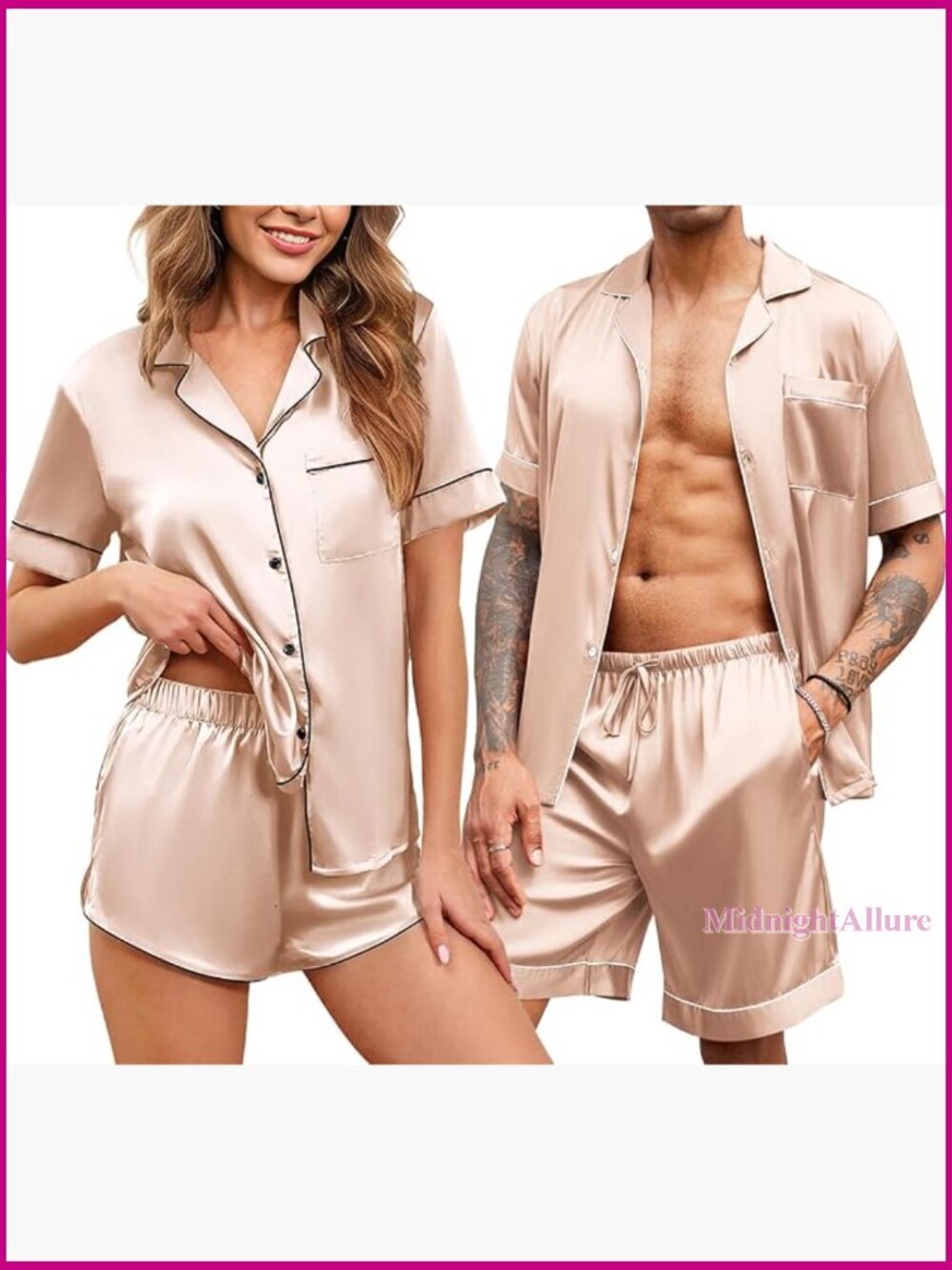 Matching Couple Satin Pajama Set Short Sleeve Button Down Sleepwear 2 Piece